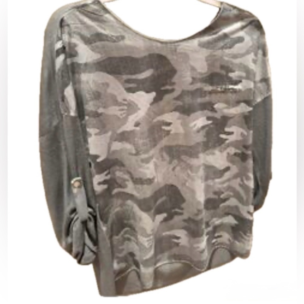 TEMPO PARÍS METALLIC CAMO LONG SLEEVE TOP GRAY SIZE: M / L EFFORTLESS CHIC. - Picture 2 of 7